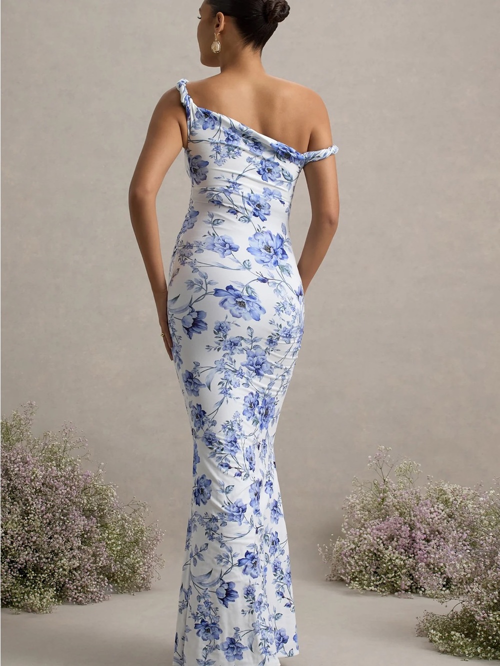 Club L London White Maxi Dress with Blue Floral Print - Picture 2 of 5
